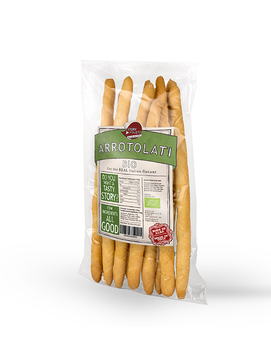 The original Arrotolati by Storie di Gusto™ La Tradizione Organic line bag with label 150 g