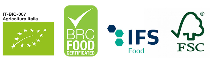 Organic certification, IFS certification, BRC certification and FSC cardboard certification